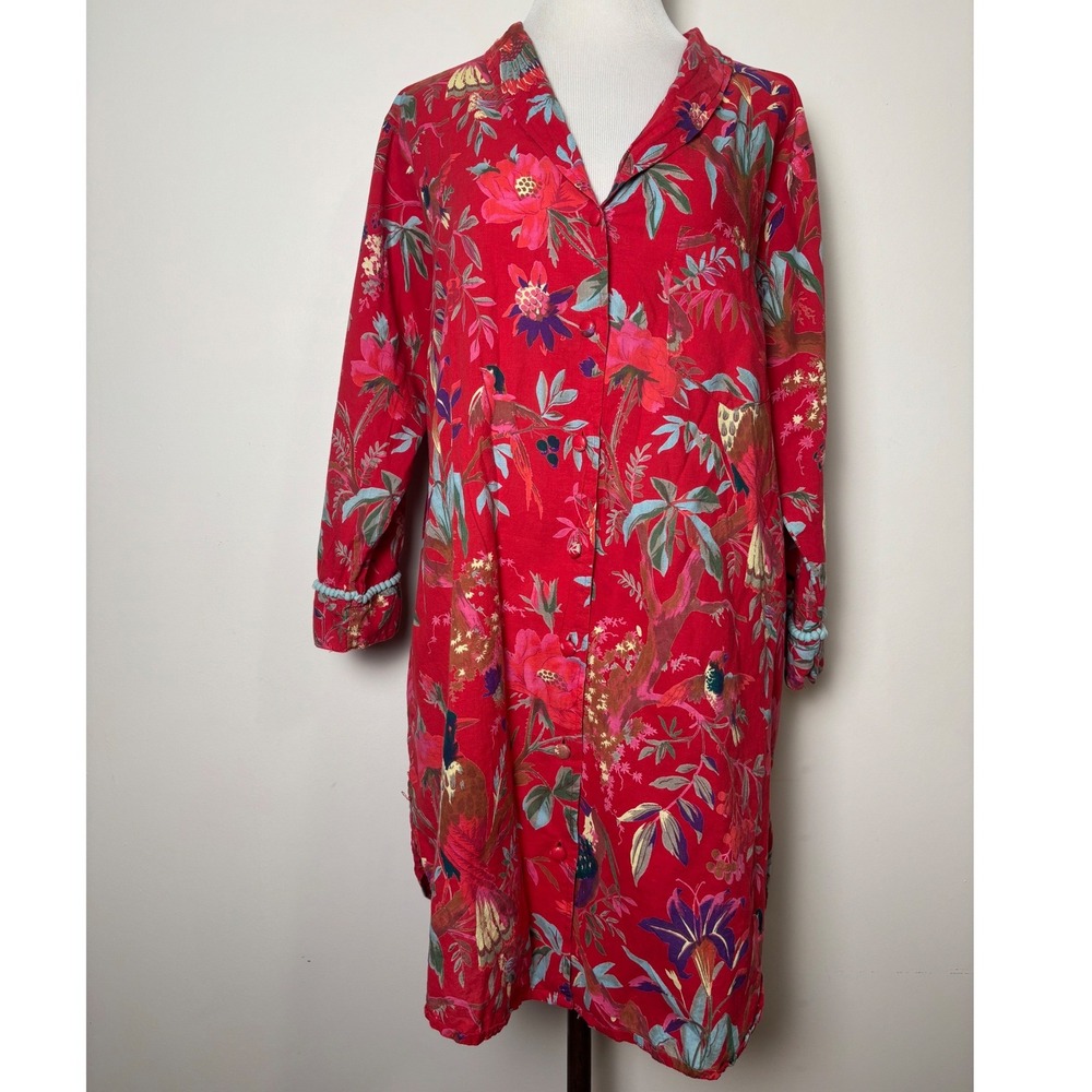 Powell Craft Womens Cotton Floral Bird Nightshirt M/L Button Up Pajama Gown‎